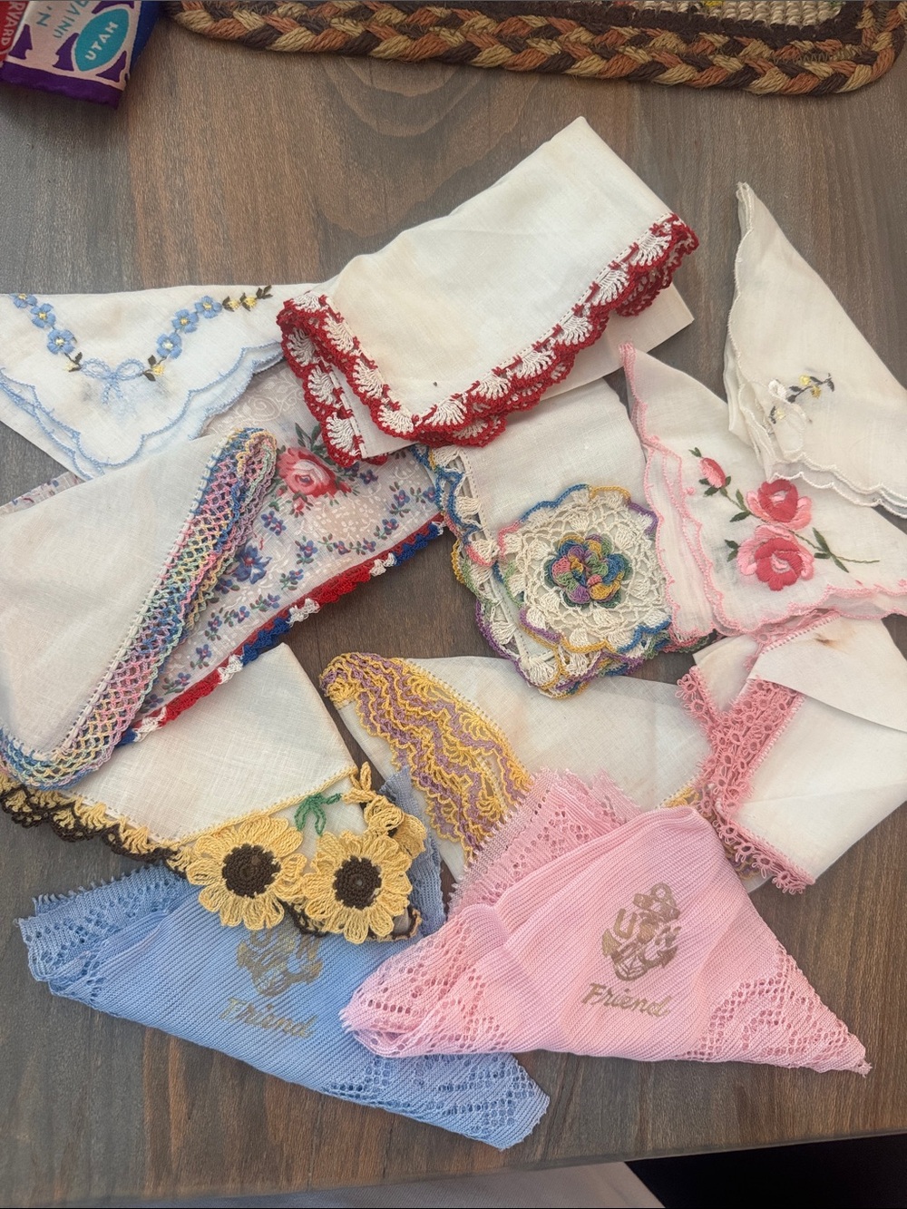 13 Vintage Lace-Trimmed Embroidered Women's Handkerchiefs - Pink & Blue US Navy
